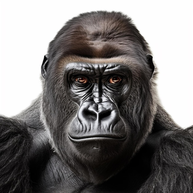 A gorilla with a black face and a white background.