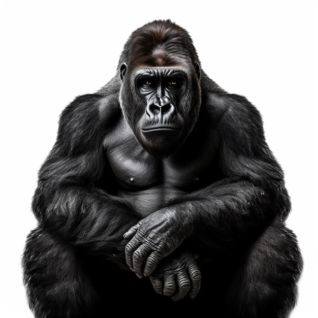 A gorilla with a black face and a white background.