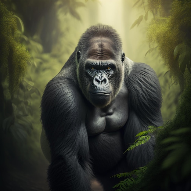 A gorilla with a blue eye and a black face is in a forest.