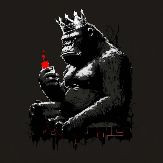 A gorilla with a crown on his head is holding a red lighter.