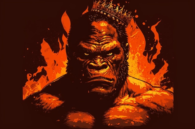 A gorilla with a crown on his head is surrounded by flames.