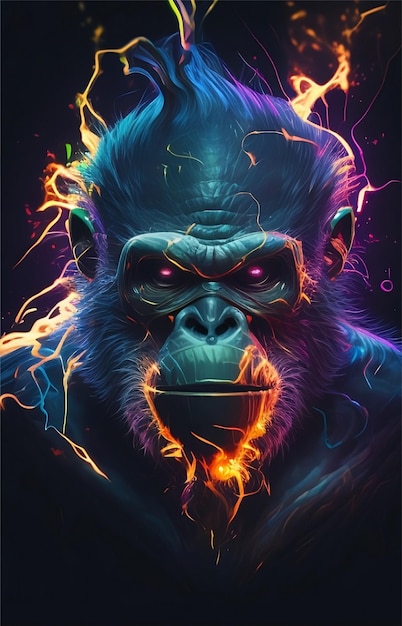 A gorilla with a fire effect on his face