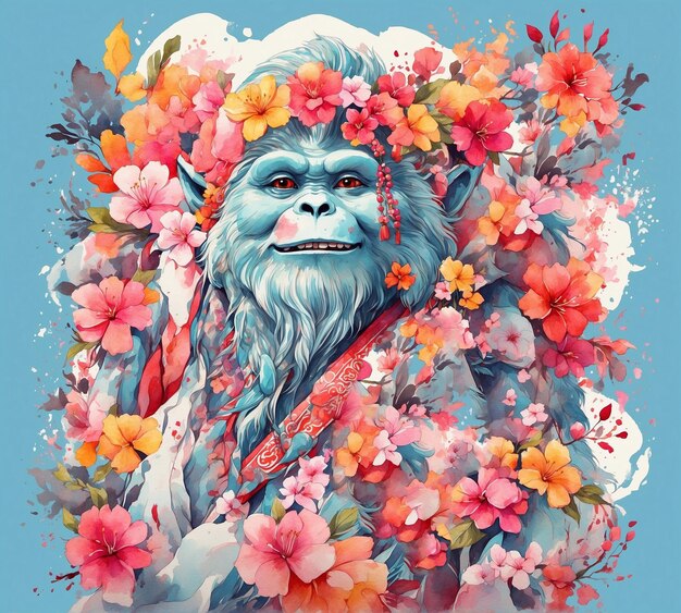 Gorilla with flowers Handdrawn watercolor illustration Vector