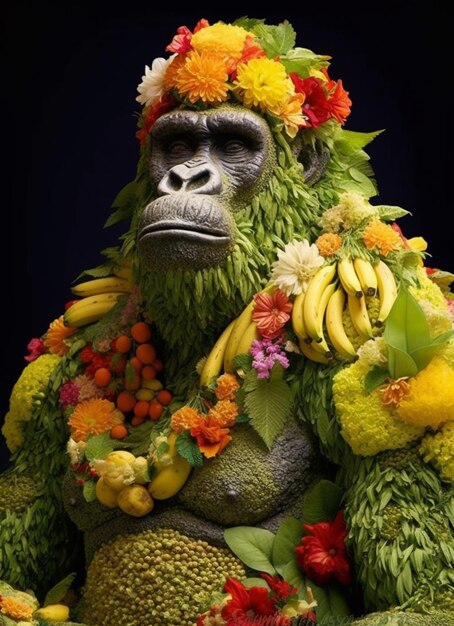 A gorilla with flowers on his head and a bunch of bananas on his chest.