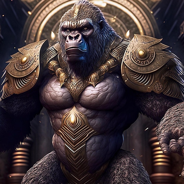 A gorilla with gold armor and gold arms stands in front of a golden background.
