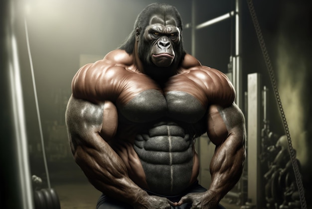 A gorilla with a gorilla body is sitting in a gym.