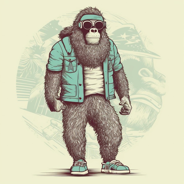 A gorilla with a green jacket and sunglasses stands in front of a motorcycle.