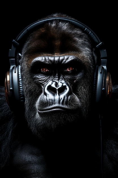 Photo gorilla with headphones on black background