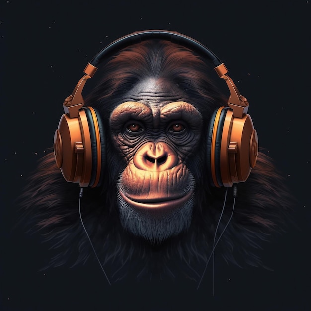 a gorilla with headphones on and a head of the monkey on the left