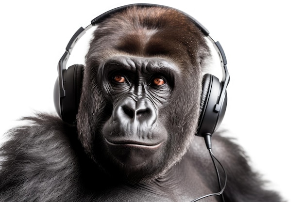 Gorilla With Headphones On White Background Generative AI