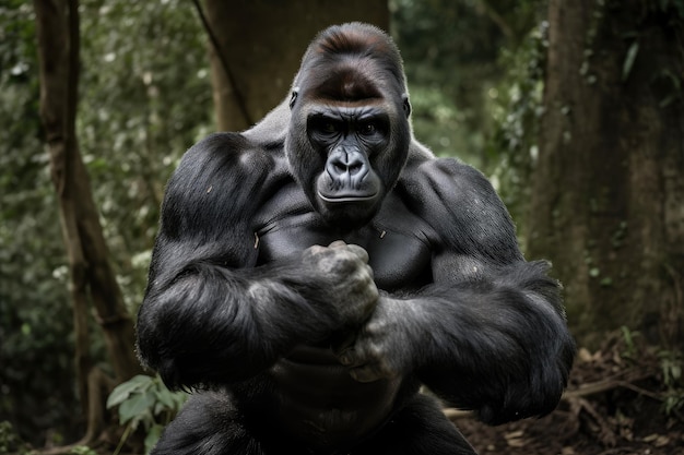 Foto gorilla con le mani sui fianchi che mostra i suoi potenti muscoli creati con l'ia generativa