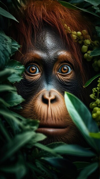 Photo a gorilla with a long nose and a green leaf of the background