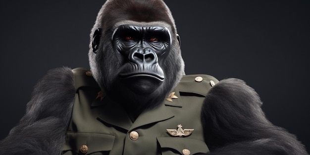 A gorilla with a military uniform and a boy with the words gorillas on it