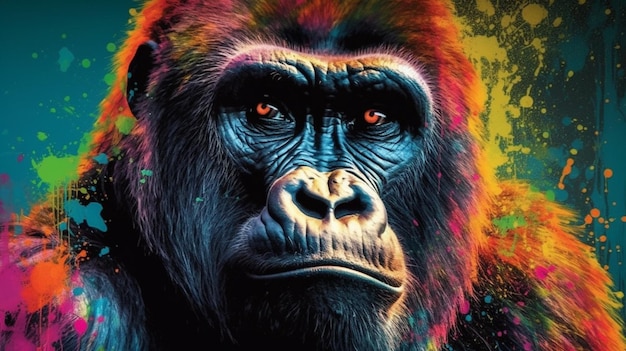 A gorilla with a rainbow background