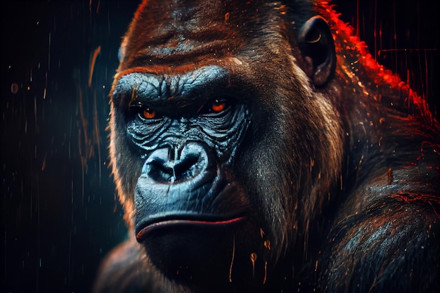 A gorilla with a red eye is in the background of a dark background