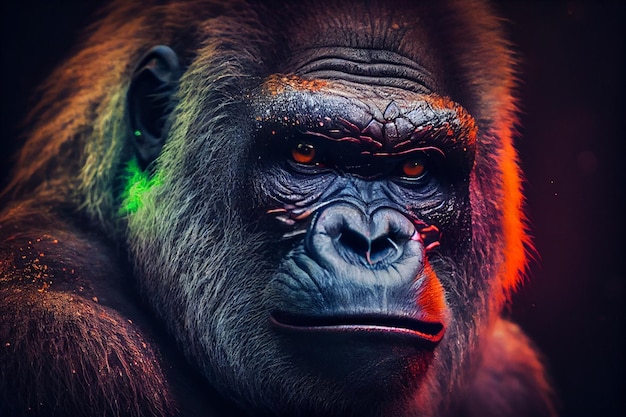 A gorilla with a red face is in front of a colorful background