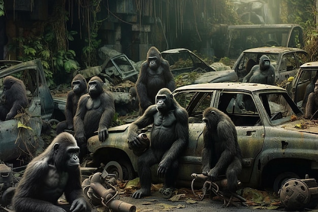 Gorilla with rusted cars on a parking spot in the jungle disaster for wildlife animals damage