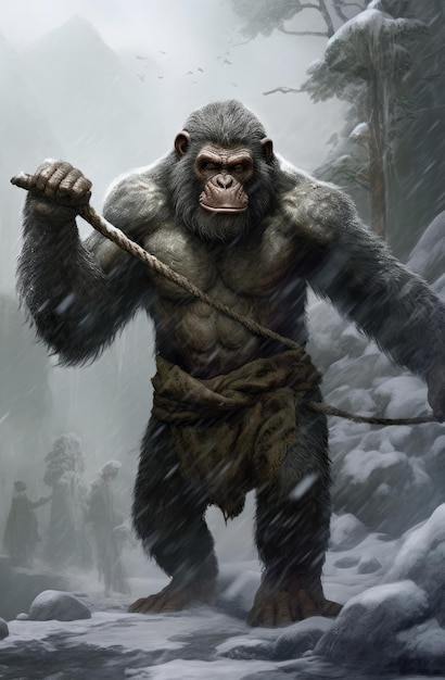 A gorilla with a spear in the snow