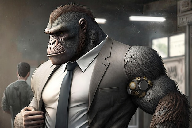 A gorilla with a suit and a tie stands in front of a window.