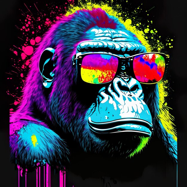 Gorilla with sunglasses in pop art and ink splash generative ai