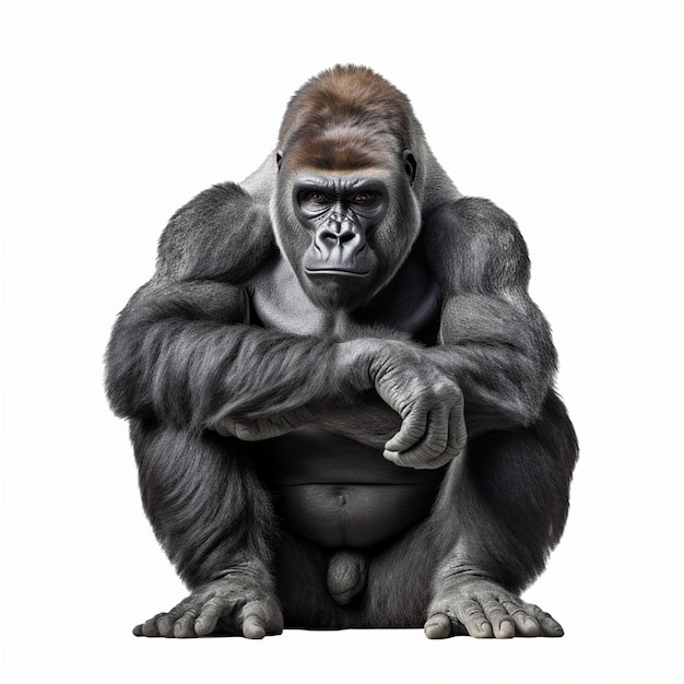 A gorilla with a white background and a black back.