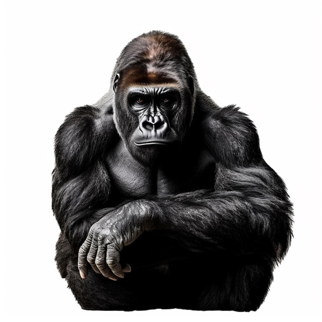 A gorilla with a white background and a black back.