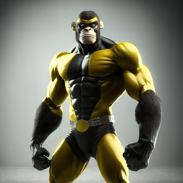 A gorilla with a yellow belt and black belt is standing in a dark room.