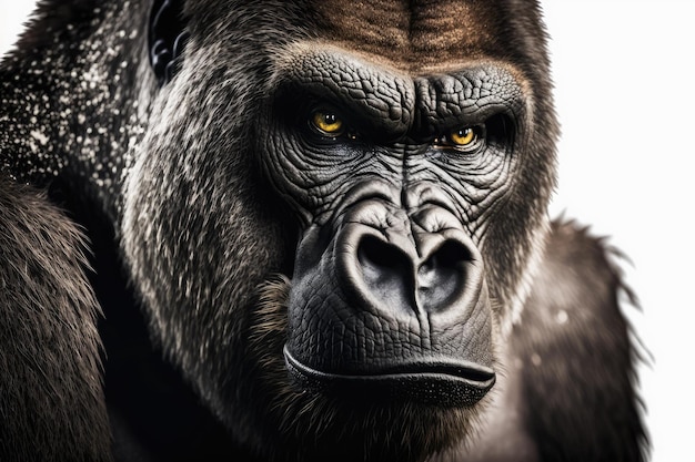 A gorilla with a yellow eye is looking at the camera.