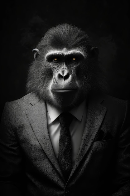 A gorilla with yellow eyes is wearing a suit and a tie.