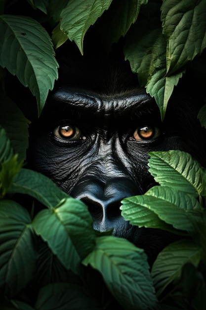 Лицо гориллы скрыто за листьями.