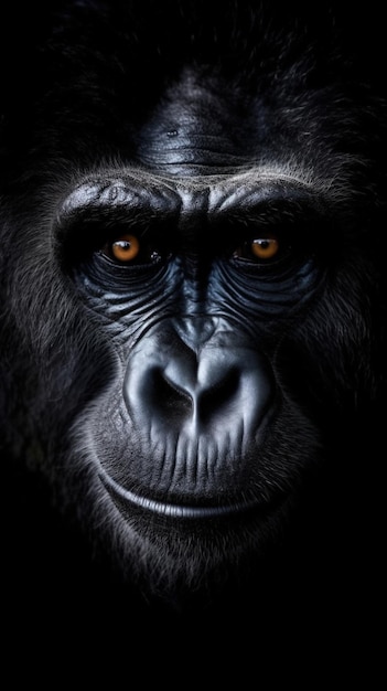 a gorillas face is shown with a black background