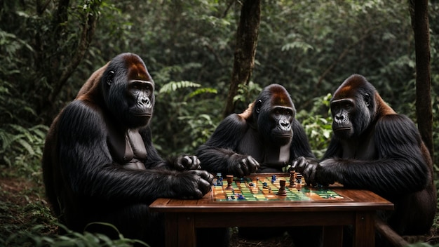 Gorillas playing a board game in the jungle