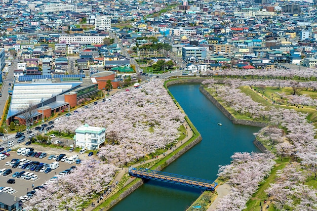 Goryokaku park in de lente kersenbloesem seizoen luchtfoto Hakodate Hokkaido Japan