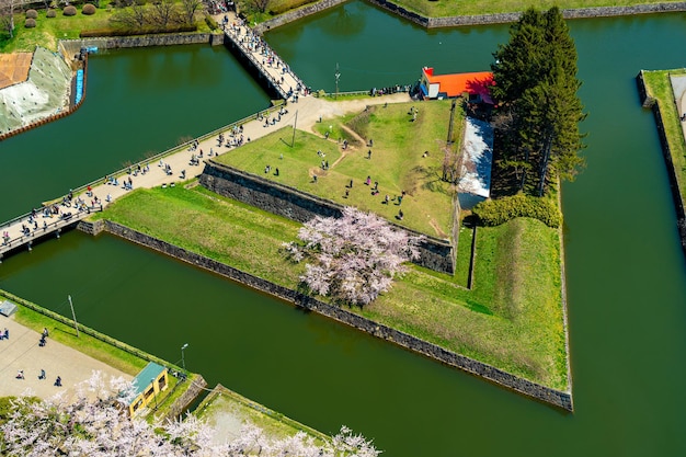 Goryokaku-park in het lenteseizoen van de kersenbloesem. Luchtmening Hakodate Hokkaido Japan