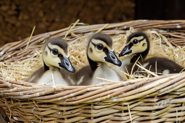 Gosling broers en zussen in een wicker mand met stro