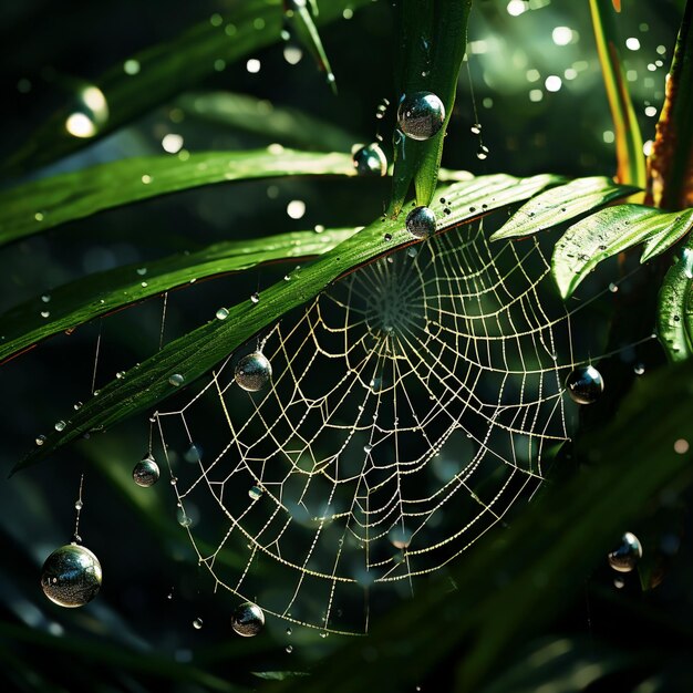 Foto sussurri sottilissimi riflettono la bellezza eterea di un delicato filo di seta di ragno in macro dettagli