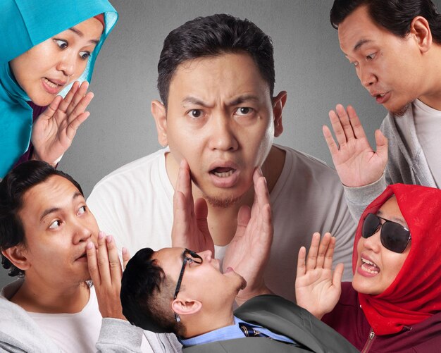 gossips or rumors spreads among people tells secrets whispering and listening hoax concept