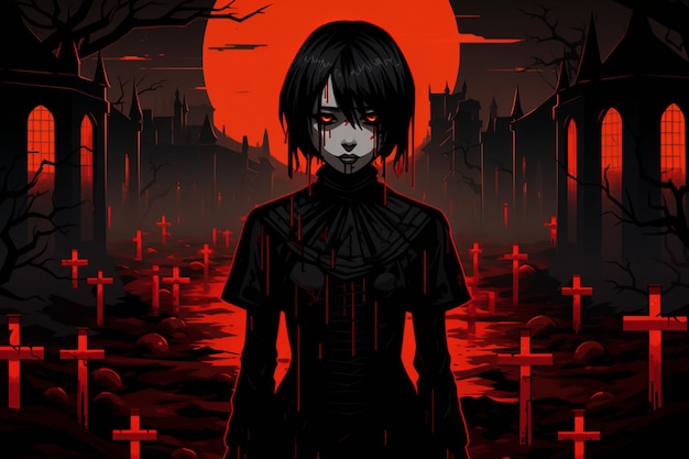 a goth girl standing in front of a graveyard with red sun in the background