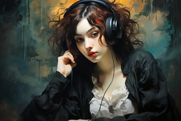 Готическая женщина слушает музыку.