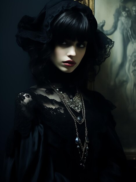 Gothic aantrekkelijk model in zwart authentiek jurk witte huid accessoires magische look hot details