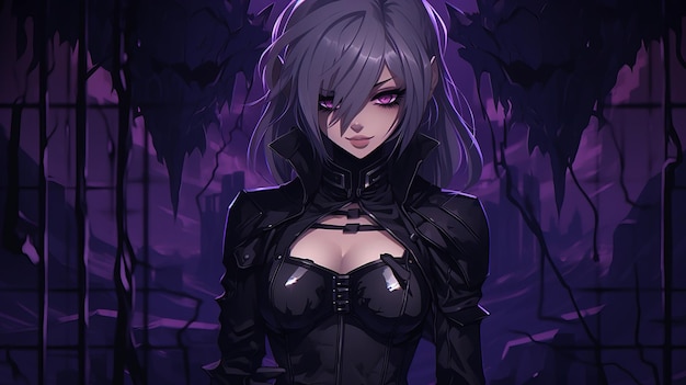 Premium AI Image  A black and white anime girl with purple eyes