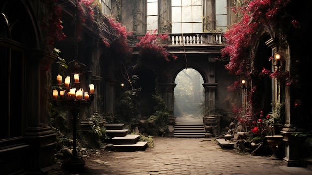 Gothic Architecture Embraced by Lush Crimson Foliage and Candelabras in a Forgotten Hallway