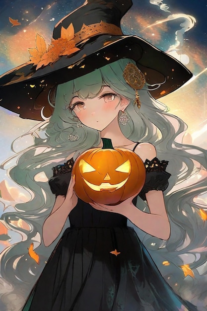 Gothic Beauty in the Night Anime Girl with Pumpkin Hat
