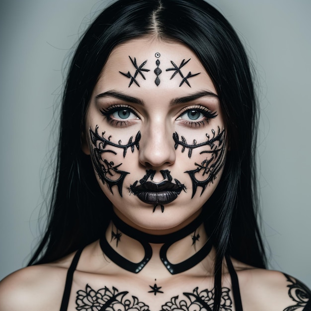 Gothic Beauty Stunning Portrait of a Woman Adorned in Intricate Black Paint