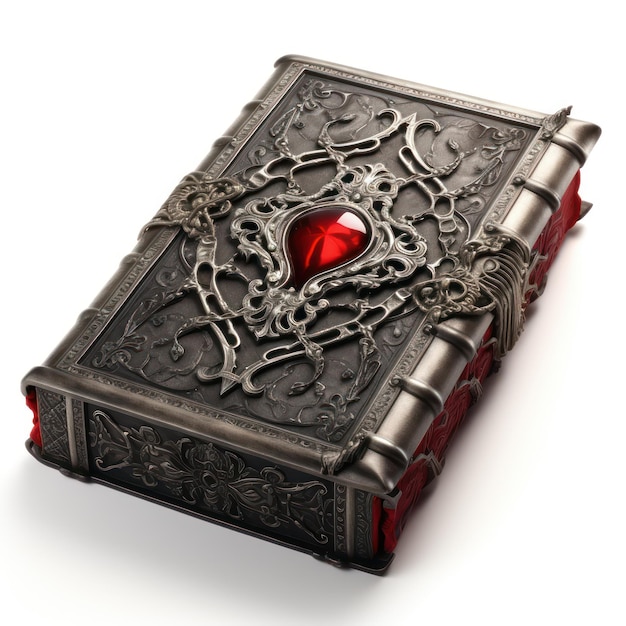 Photo gothic book with silver filigree and leather covers evoking ancient and forbidden knowledge isolated...