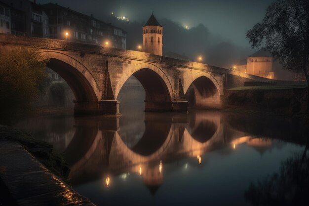 Готический мост ночью отражается в воде.