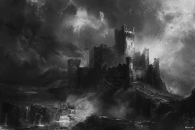 Gothic Castle in a Stormy Landscape Black and White Art