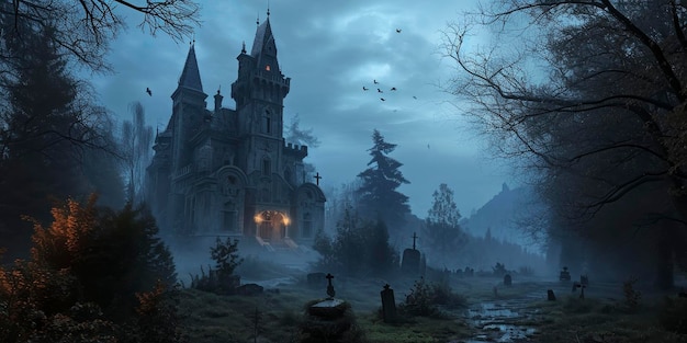 Gothic castle with moonlit cemetery scene