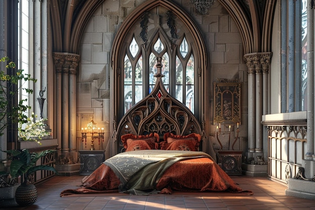 Gothic cathedralinspired bedroom with archshaped h