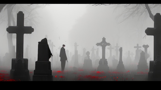 gothic cemetery in the fog halloween card